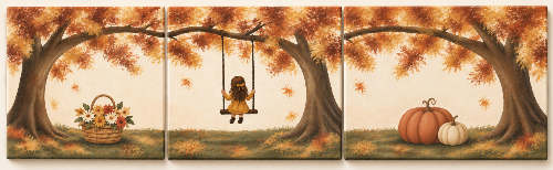 Three-panel canvas wall art depicting an autumn scene with large trees, orange and gold leaves, a child sitting on a swing in the center panel, a flower basket on the left panel, and two pumpkins on the right panel.