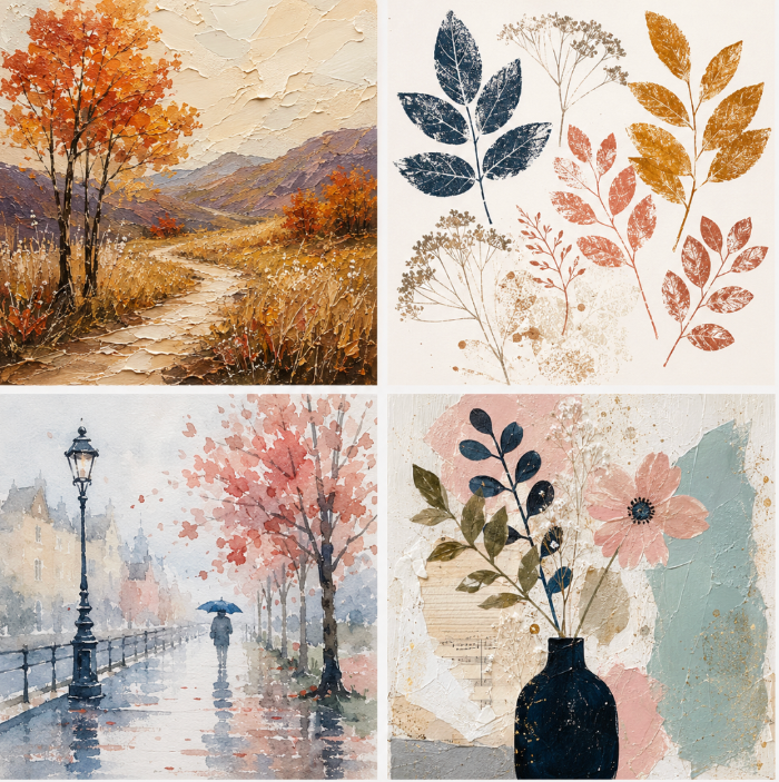 A 2x2 collage of textured art prints featuring autumn landscapes, botanical leaf illustrations, a rainy city street with an umbrella, and a floral arrangement in a vase.
