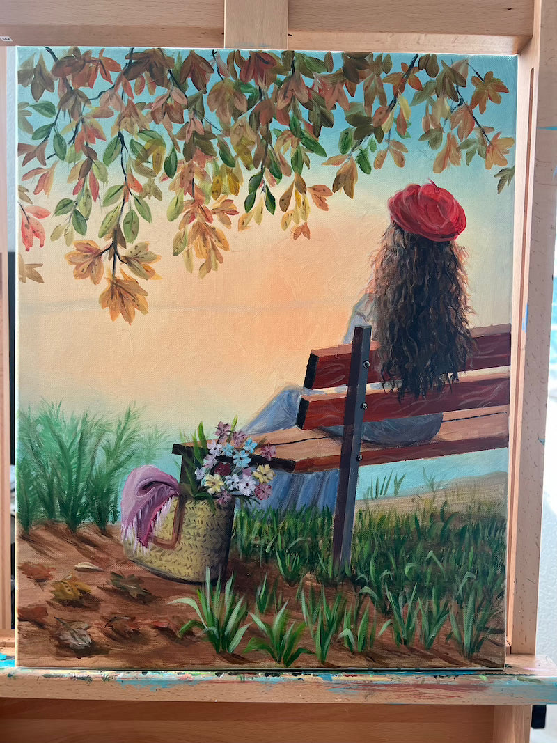 a painting of a woman wearing a beret and sitting on a bench