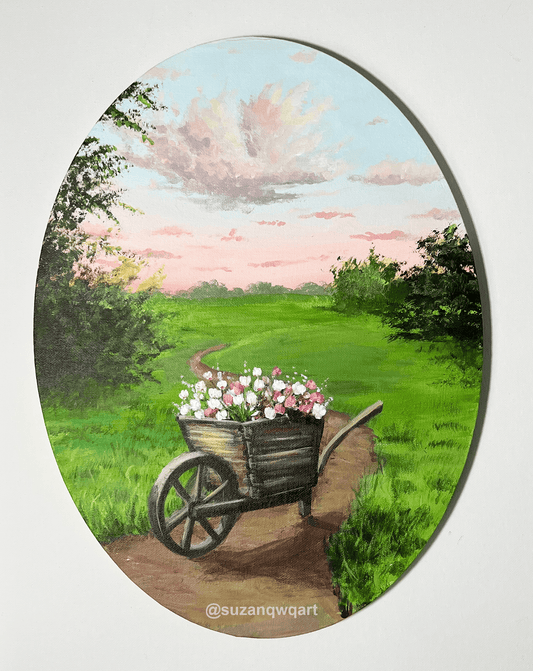 Romantic painting of a garden wagon in a dreamy sunset. Original acrylic painting on oval canvas