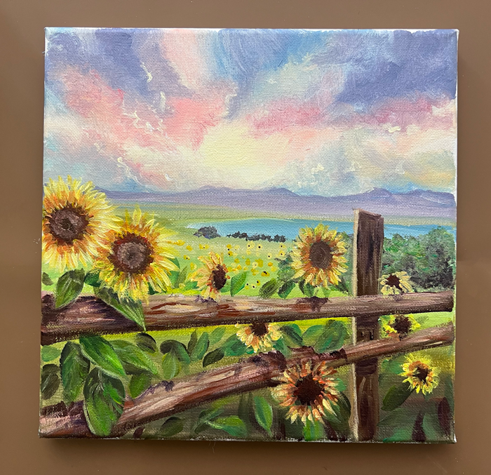 Sunflowers on a fence | Original acrylic painting on a canvas