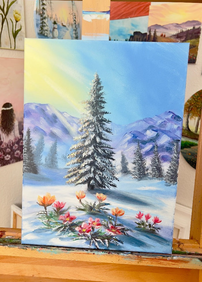 snowscape pine tree painting