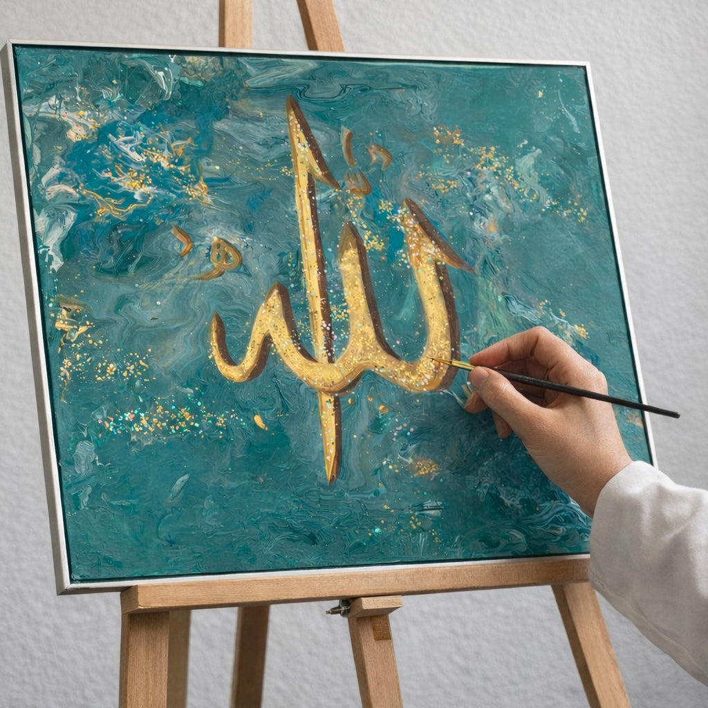 Hand painting gold calligraphy on a teal background with a brush