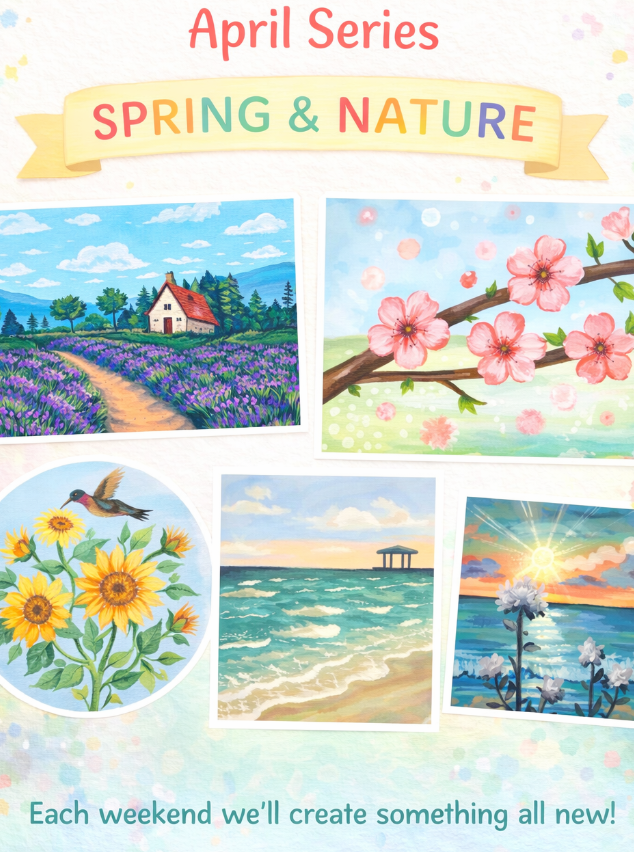 Promotional graphic for Kids Weekend Club April Series on Spring and Nature with scenic illustrations.
