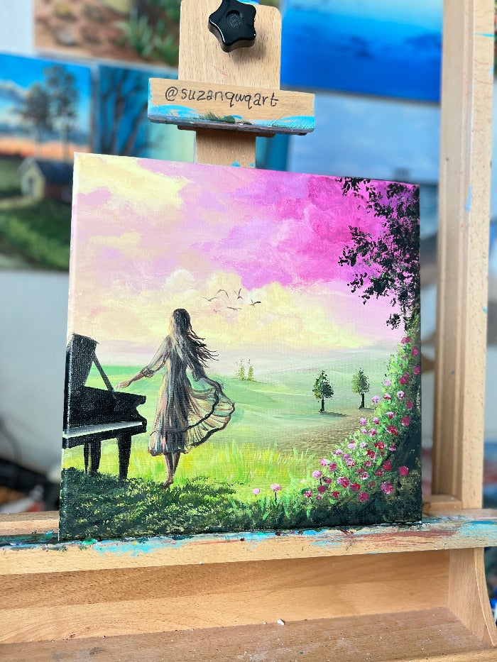 Dreamy Sunset Painting - Lady by Piano in Rosy Landscape
