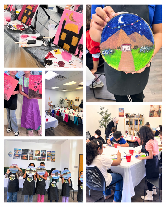 Collage of children's art projects and classroom activities.