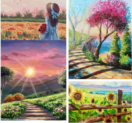 Collage of various scenic paintings including landscapes, nature scenes, and people in outdoor settings.
