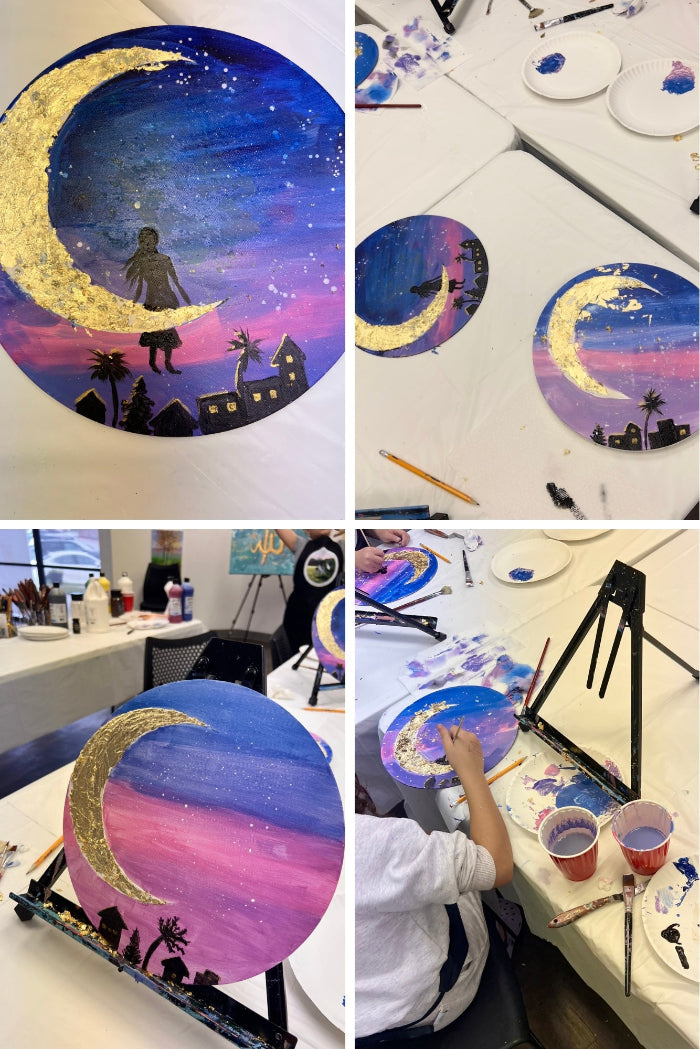 Collage of a painting process, showing a completed artwork of a crescent moon with a silhouette of a person and a cityscape.