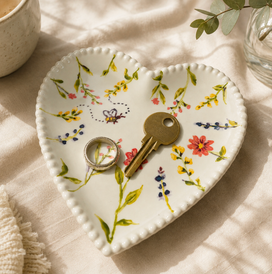 A heart-shaped ceramic key and ring holder with a floral pattern, styled on a beige linen surface with a brass key and a silver ring resting on it.