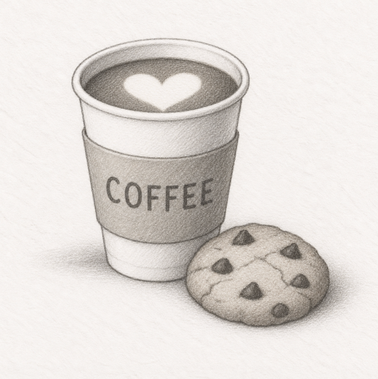 A hand-drawn style illustration of a takeaway coffee cup with a heart-shaped latte art design on top and a chocolate chip cookie beside it, on a light textured background. The cup has a sleeve printed with the word 'COFFEE'.