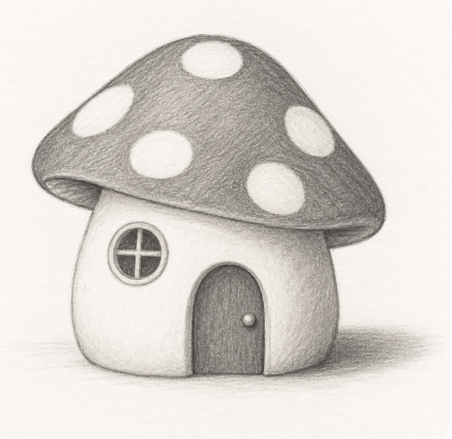 A hand-drawn pencil sketch of a mushroom-shaped house on a plain white background.