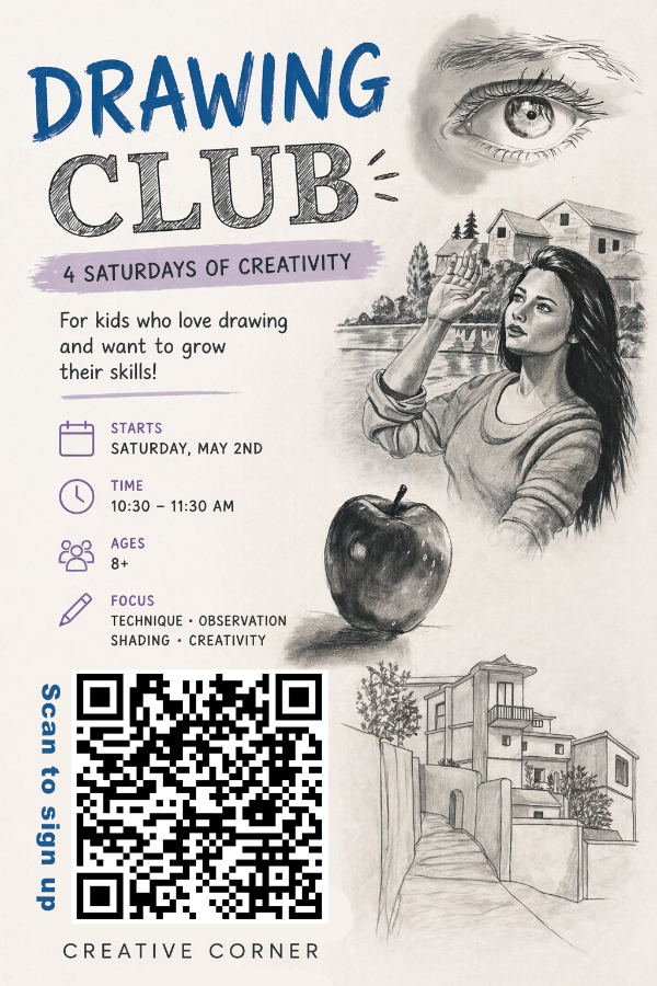 Drawing club flyer with text and illustrations of a girl, apple, and house.