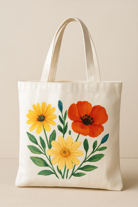 Tote bag with floral design featuring yellow flowers and red poppies on a beige background