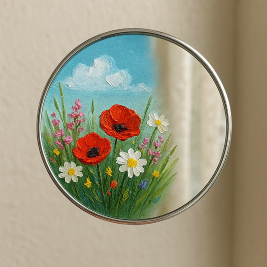 Round mirror with floral design on a beige background
