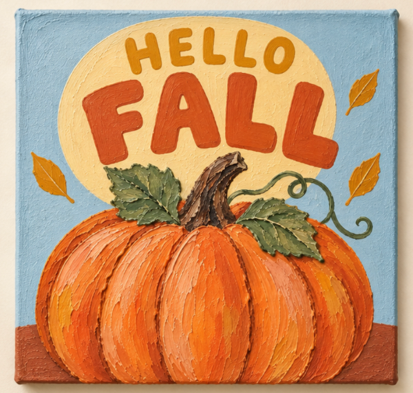 A square canvas painting with a textured impasto finish, featuring a large orange pumpkin with green leaves and a curly vine against a light blue background. A cream-colored circle in the upper half contains the words 'HELLO FALL' in orange and mustard lettering, with a few small autumn leaves scattered around.