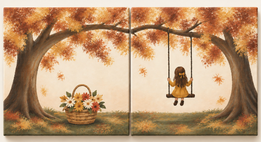 A two-panel canvas wall art print depicting a whimsical autumn scene with a young girl sitting on a swing under a large tree, alongside a basket of flowers on the ground.