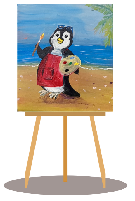 Painting of a penguin on an easel with a beach background