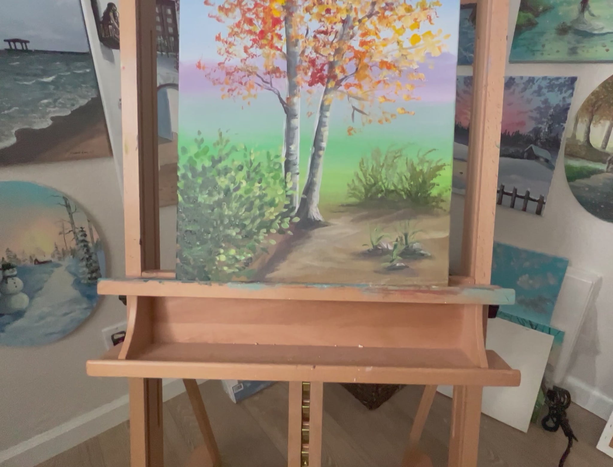 Acrylic painting of colorful trees in fall