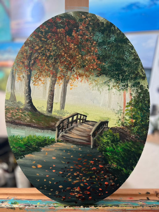 A small wooden bridge painting on an oval canvas