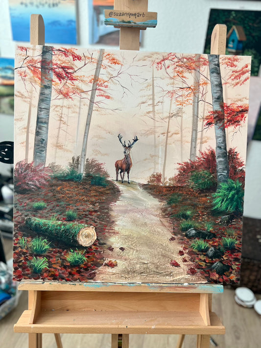 Autumn painting of a reindeer in a bright and colorful forest