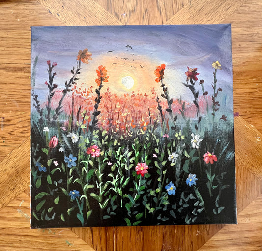 Flowers fields in sunset landscape painting