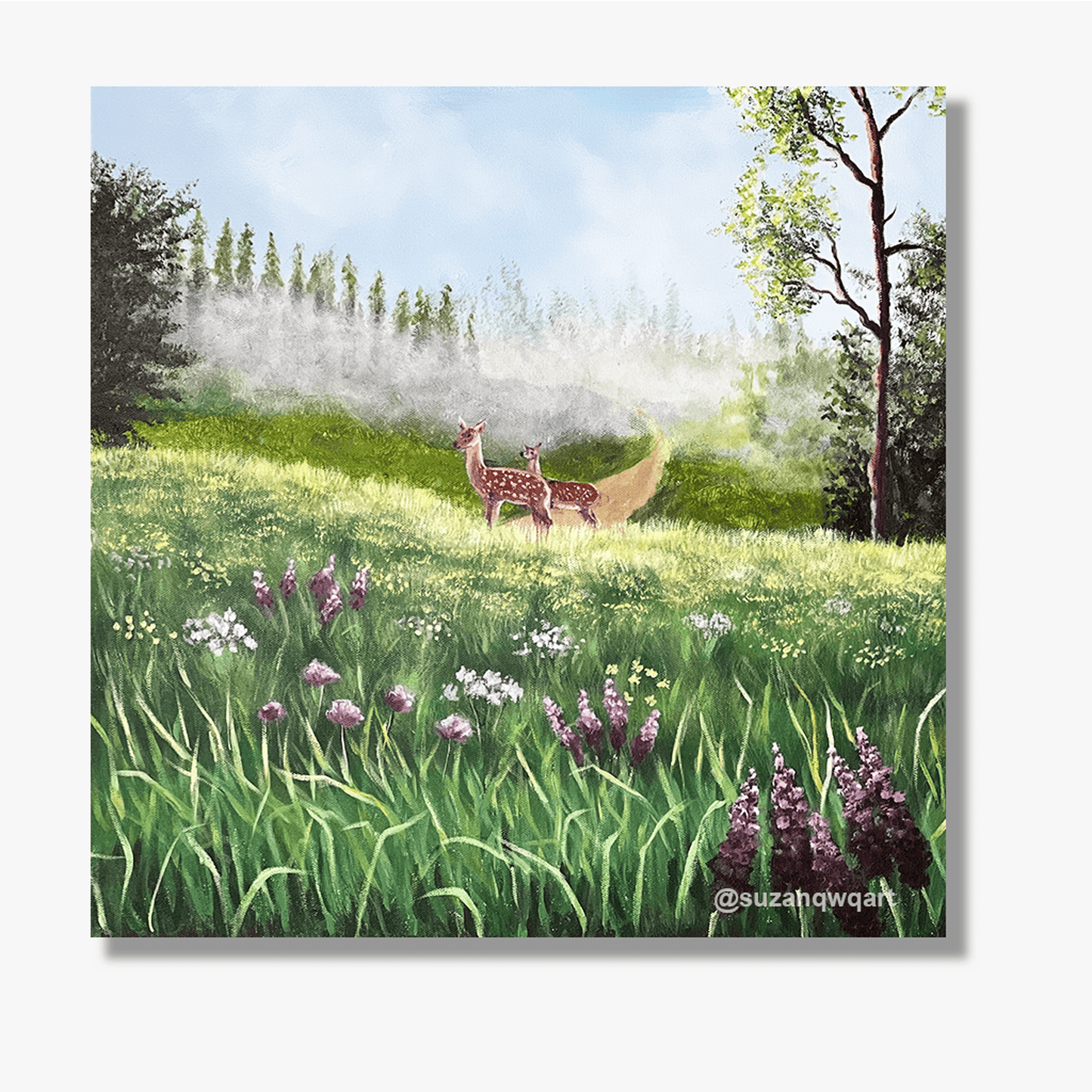 Original painting of deers in a fairy scene. Misty landscape wall art.