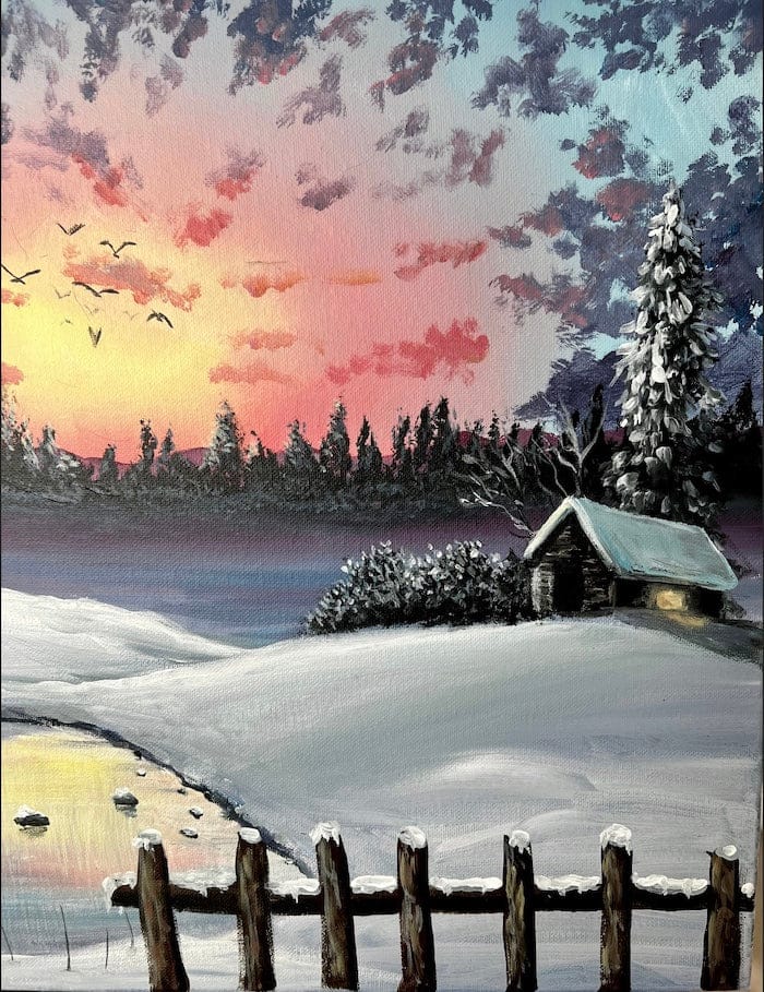 Snowscape acrylic painting on canvas cabin in snow SuzanQwqArt