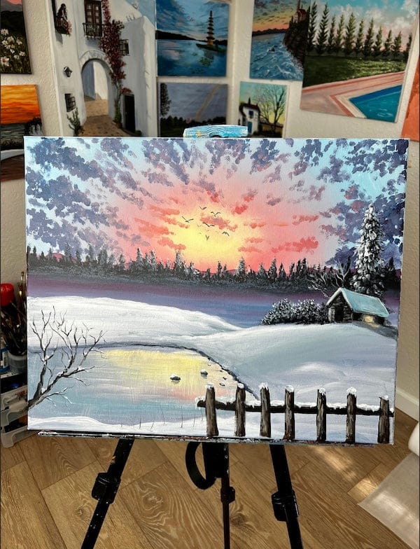 cabin in snow scene art