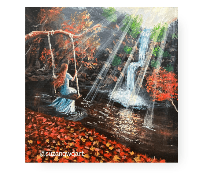 a painting of water falls and autumn landscape